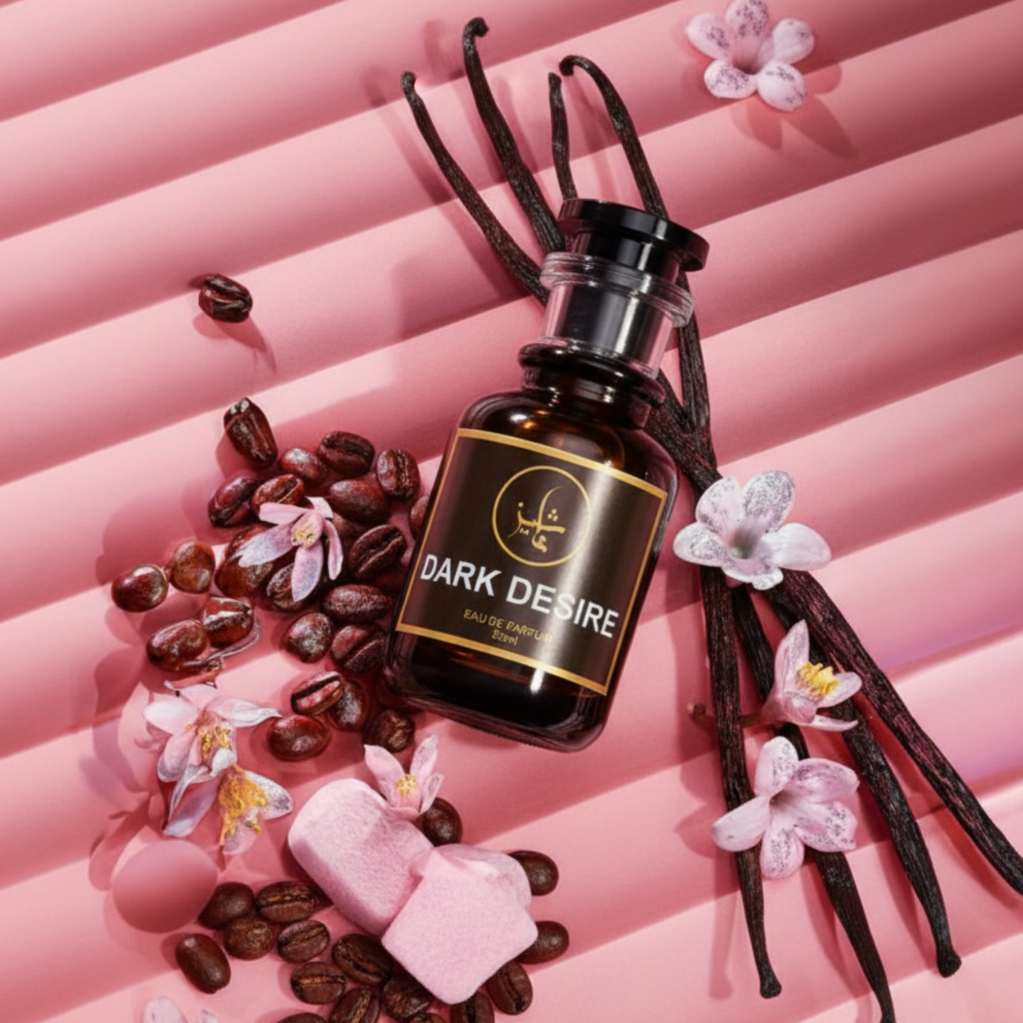 Dark Desire perfume bottle with vanilla beans, coffee beans, and flowers on a pink background, Inspired by Black Opium Glitter by Yves Saint Laurent