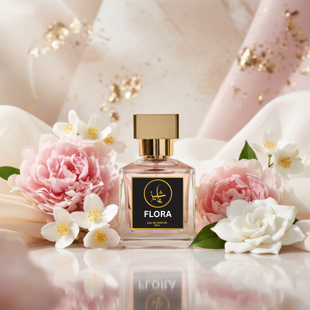 Flora perfume bottle surrounded by pink and white flowers on a soft background, Flora by ASHEES, a fragrance inspired by the iconic Gucci Flora